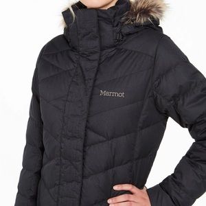 Women’s Marmot Strollbridge 700 Fill Down Puffer Faux Fur Hood Long Jacket Black
